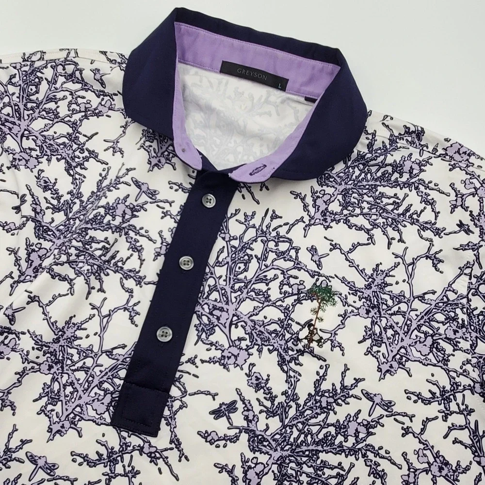 Greyson Clothiers Men L  Pine Tree Golf Logo Purple Coral Dragonfly Print Shirt
